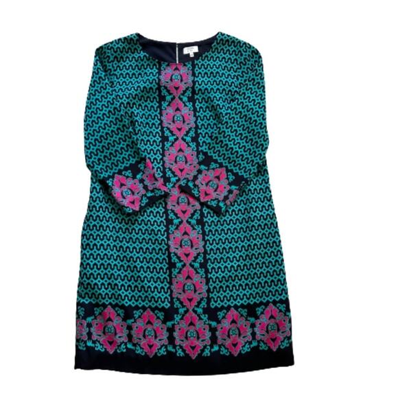 Crown & Ivy Dress Shift 3/4 Sleeve Geo Elephant Print Navy Turquoise Pink Size 8 - Picture 7 of 12
